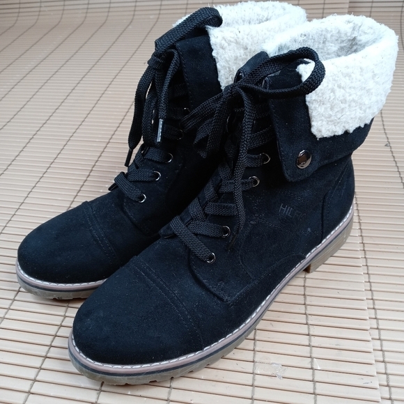 Tommy Hilfiger women's black suede faux fur trim lace boots. Sz 9M. 150.6pm - Picture 2 of 11